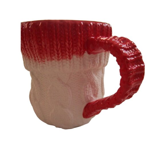 Anthropologie Christmas Cable Knit  Ceramic Stocking Boot Mug Red White EUC - Picture 5 of 14
